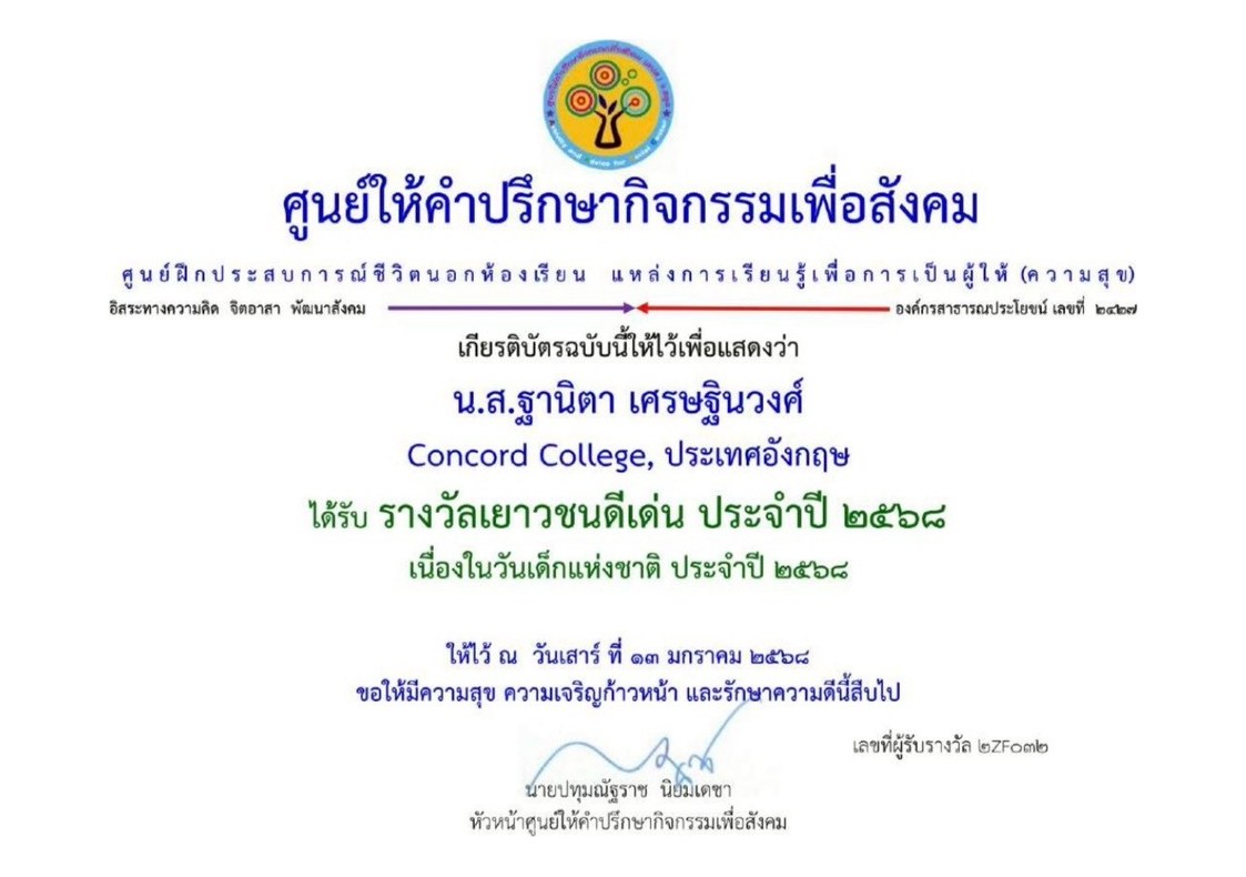 Outstanding Youth Award 2025 certificate from the Social Activities Consulting Center