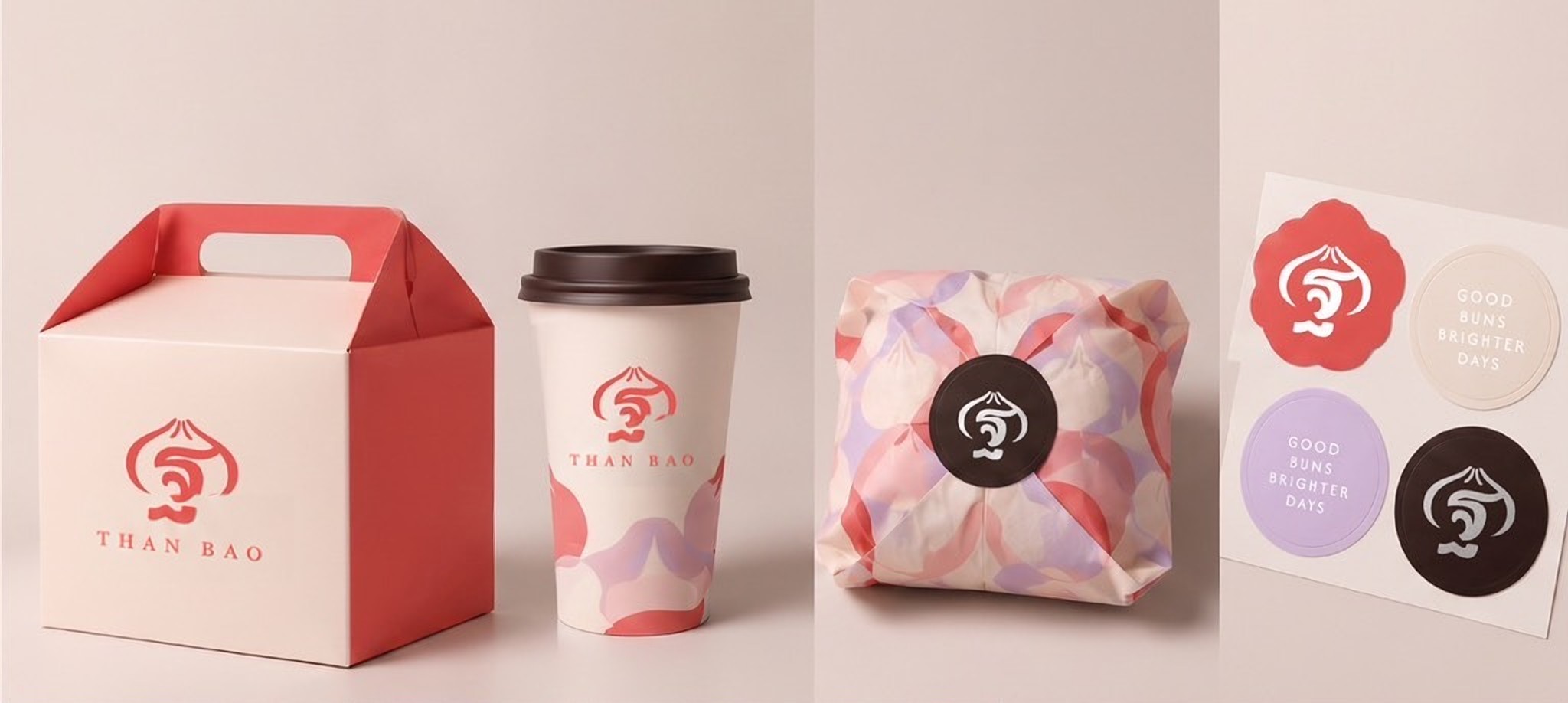 THAN BAO packaging: bun box, cup, wrapped bun and stickers